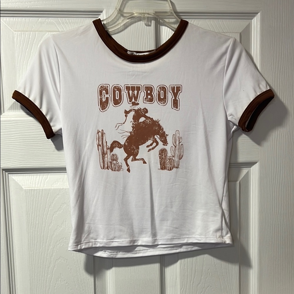 Cowboy Graphic women’s crop top - White and Brown